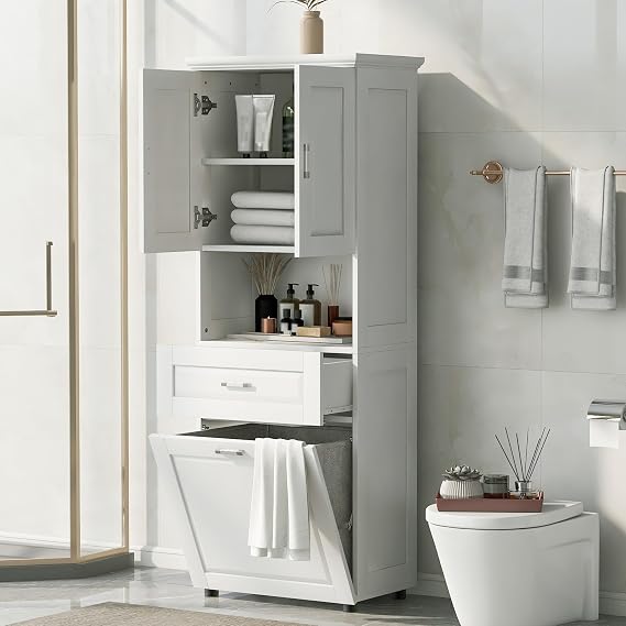 70" Bathroom Storage Cabinet Unit with Tilt-Out Laundry Hamper, Bathroom Cabinet with Adjustable Shelf and Drawer, White
