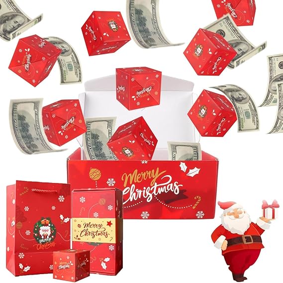 Surprise Gift Box Explosion for Money, Unique Folding Bouncing Red Envelope Gift Box with Confetti, Cash Explosion Luxury for Birthday Anniversary Valentine Proposal (12 Bounces) (Red Christmas)