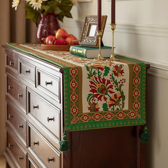 Retro Farmhouse TV Stand Cover, Linen Coffee Dining Table Runner Console Cabinet Table Cover with Tassels TV Stand Tablecloth (E,40 * 180cm)