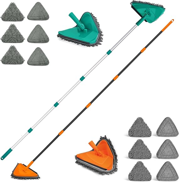 JEHONN Wall Cleaner Mop with Long Handle, 3-in-1 Ceiling Cleaning Tool Duster with 12 Replacement Microfiber Chenille Pads for Painted Walls, Baseboard, Window, Floor (Green & Orange)