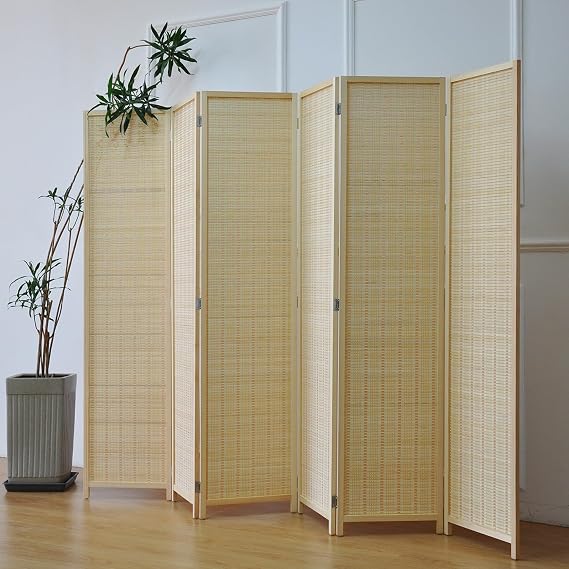 Furnnylane 6 Panel Bamboo Room Divider and Folding Panel Screen,Bamboo Panel Divider for Room Separation,Beige,170 cm H x 234 cm W