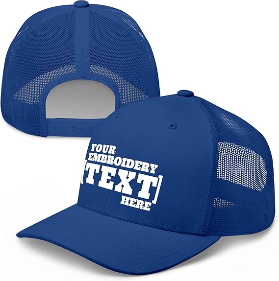 Pranboo Custom Personalized Text Trucker Hat/Cap, Embroidered, Mesh Snapback Bill HatBlue