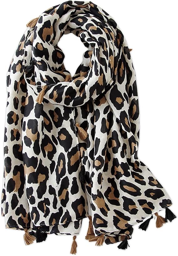 LumiSyne Women's Scarf Leopard Animal Print Classic Cotton Linen Scarves Tassels Long Warm Sunscreen Shawl Wrap All Season