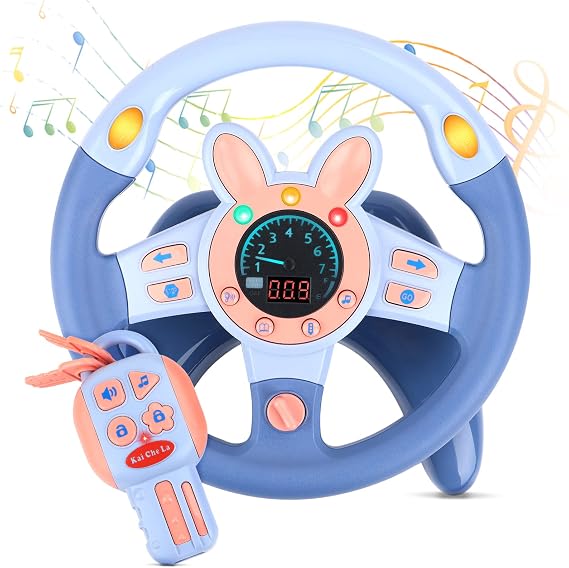 deAO Kids Steering Wheel Toy with Key, Lights Music Simulated Driving Toy | Steering Wheel Toy for Car Backseat,Interactive Driving Wheel for Boys Girls Toddler,Gifts for Christmas Birthday