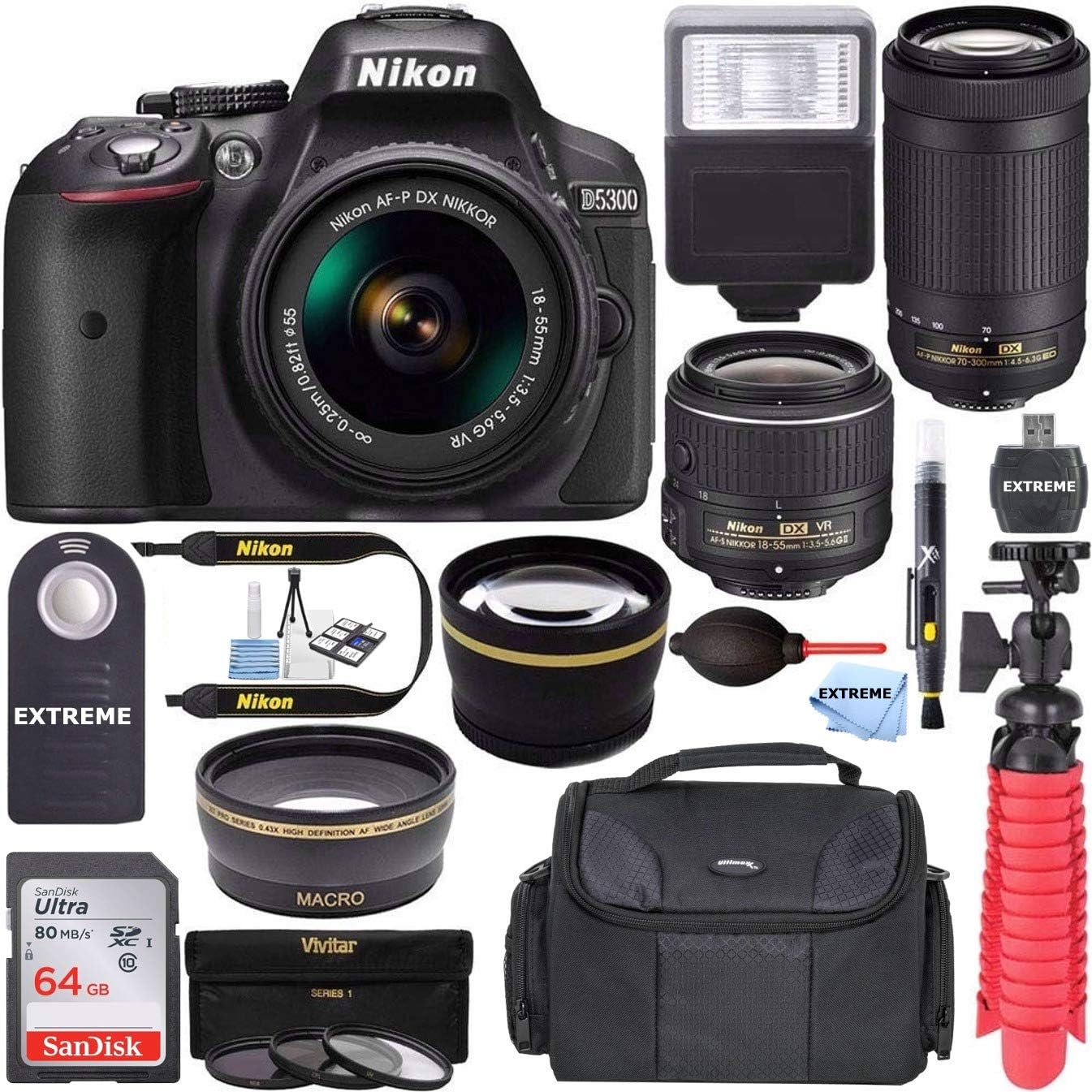 Nikon D5300 24.2 MP DSLR Camera  AF-P DX 18-55mm &amp; 70-300mm NIKKOR Zoom Lens Kit  64GB Memory  Photo Bag  Wide Angle Lens  2X Telephoto Lens  Flash  Remote Bundle
