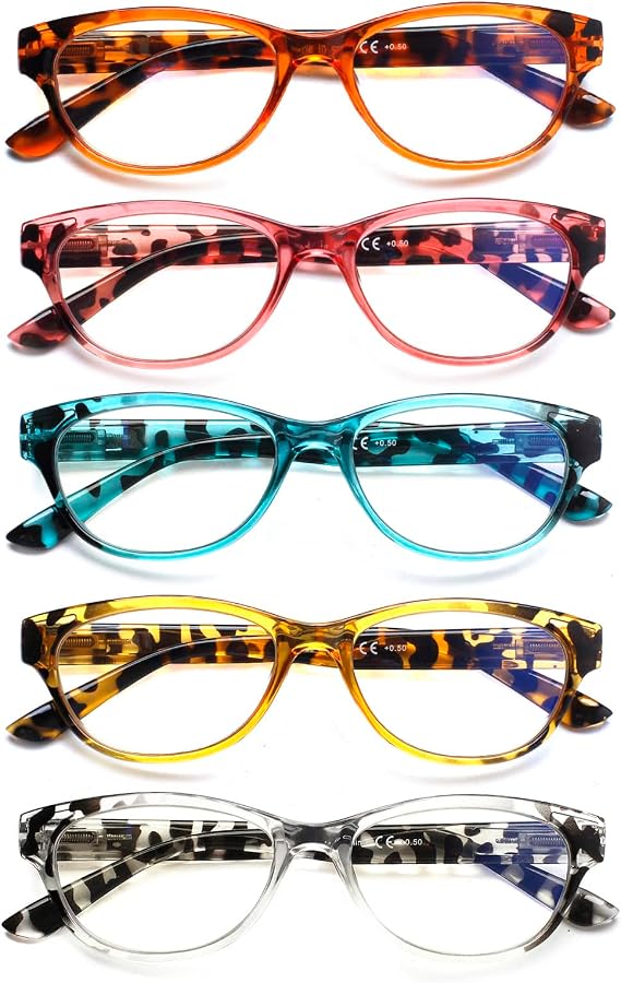 SIGVAN Ladies Cat Eye Reading Glasses 5 Pairs Blue Light Blocking Spring Hinge Fashion Pattern Print Readers for Women