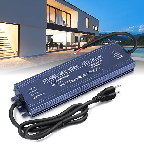 LED Driver 24V, BRIMETI LED Power Supply 100W Waterproof IP67 Transformer Adapter 110V AC to 24V DC Converter Low Voltage Output with 3-Prong Plug 3.3 Feet Cable for Outdoor Light Strip, 4,2 Amp