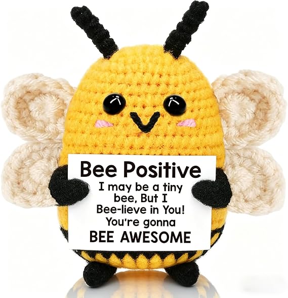 Sunwuun Positive Bee,Good Luck Positive Gifts, Emotional Support Mini Funny Knitted Bee Doll,Affirmation for Women Girl Men Friend,Leavers Gifts for Work Colleagues