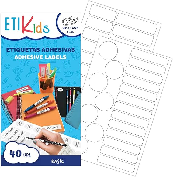 ETIKids 40 Multipurpose Customizable Laminated Adhesive Labels (Basic) for Daycare and School.