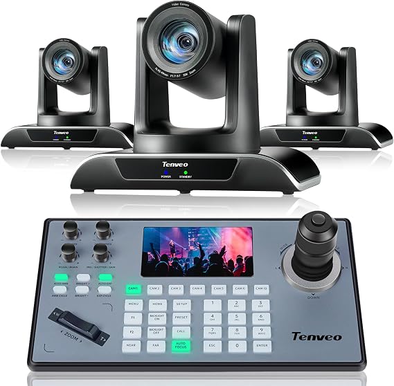 Tenveo PTZ Camera and Controller Bundle/Kits - 20X AI Humanoid & Face Auto-Tracking PTZ Camera(3pcs) with HDMI/USB3.0/LAN(PoE) and NDI PTZ Joystick Controller for Church Worship Services Streaming