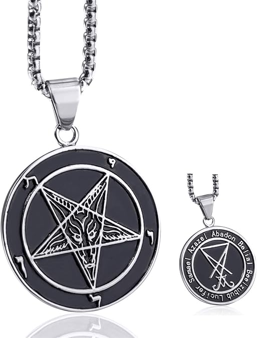 Inverted Pentagram Baphomet Goat Necklace for Men Sigil of Lucifer Satan Satanic Samael Lilith Symbol Both Sided Stainless Steel Pendant Chain, Black Red