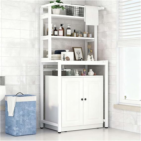 Washing Machine Rack & Storage Cabinet, 3-Tier Over The Washer and Dryer Shelf with Hanging Rod for Bathroom & Laundry(C,White_Three Layers)