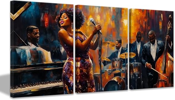 CCWACPP 3 Piece Music Wall Art Black Jazz Club Painting Canvas Prints African American Music Wall Decor Abstract Musical Theme Decor for Room Bar Pub Framed (12"x16"x3)
