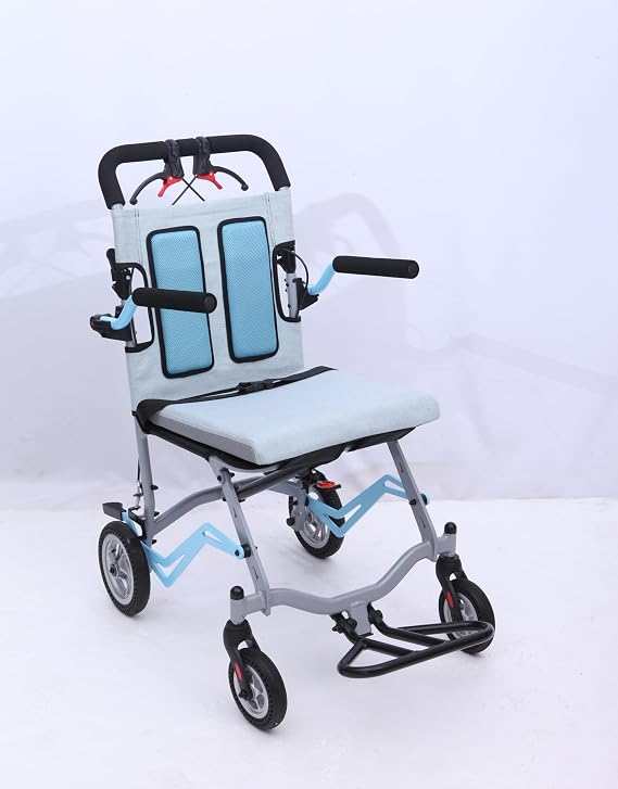 Ultra Lightweight Elderly Transport Wheelchair Weighs Portable Lightweight Folding Transport Chair, with Locking Handbrake, Removable Flip Armrests, Swinging Footrests(Gray Blue)