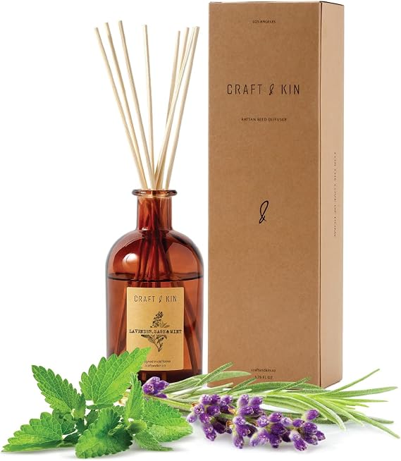 Craft & Kin Sage, Mint & Lavender Reed Diffuser 5.75 oz Essential Oil Diffuser for Home & Bathroom Up to 120-Day Fragrance with 8 Rattan Scent Sticks Amber Glass Room Decor