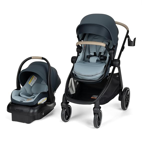 Maxi-Cosi Zelia Pro 5-in-1 Travel System with Mico Pro Infant Car Seat and Baby Stroller Combo, Reversible Seat, Large Wheels, Adjustable Handle, Newborn to Toddler, Lightweight, Seascape
