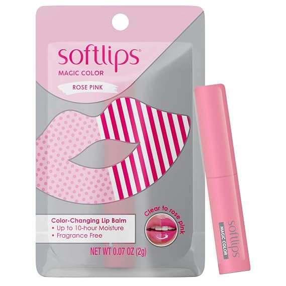 SoftLips Magic Color Lip Balm, Rose Pink Tint, Color-Changing Lip Care, Hydrating, 10-Hour Moisture for All-Day Softness, Fragrance Free, 1 Tube