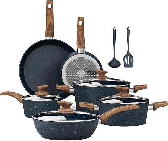 Kitchen Academy Induction Hob Pans Set -12PCS Pots and Pans Set Non-Stick | Granite Nonstick Blue Cookware Set Non-Toxic, Easy to Clean, Fast Heating, PFOA & PFAS Free