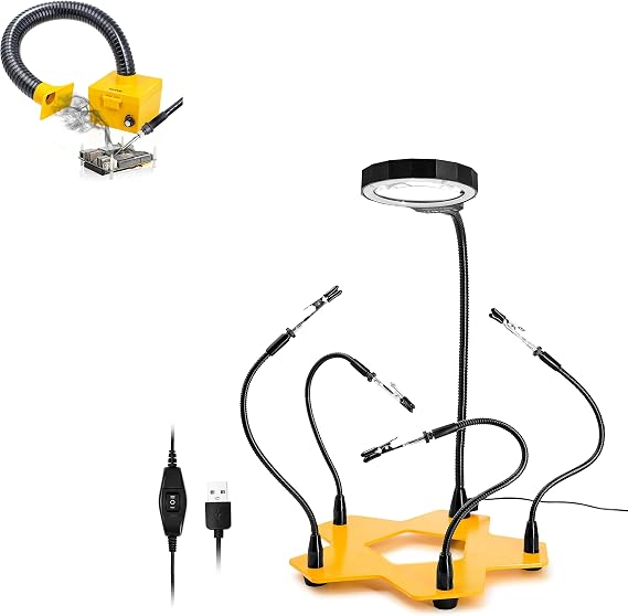 KOTTO LED Lighted Magnifying Five Arms Helping Hands Soldering Station,Strong Suction Smoke Absorber for Soldering