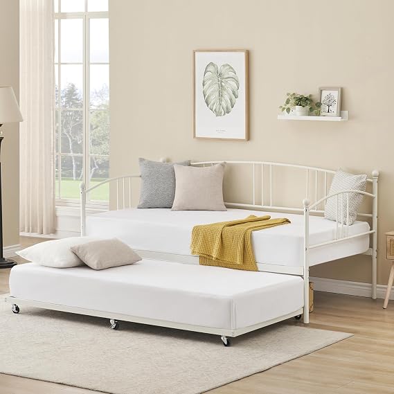 IDEALHOUSE Twin Daybed with Trundle, Metal Twin Size Daybed with Pullout Trundle 6 Casters, Steel Slat Support Sofa Bed for Living Room, Bedroom, Guest Room (White)
