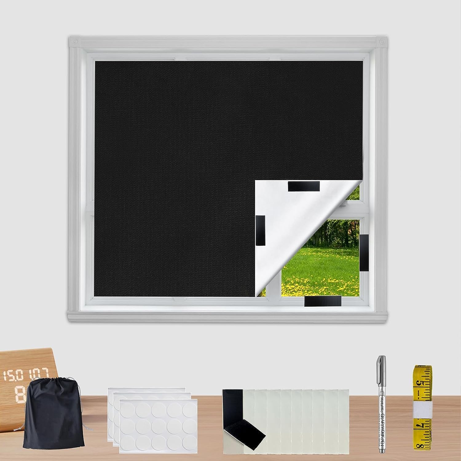 Zdigood Portable Blackout Blind, 300 x 145 cm Temporary Blackout Blinds Stick On Window No Drill Blinds for Bedroom, Nursery, Loft, Travel RV Car with Round Tape, Velcro, Ruler, Marker Pen