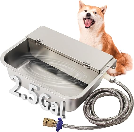 Automatic Dog Water Dispenser 2.5 Gal, 304 Stainless Steel Auto Pet Waterer Bowl with Drainage System + 6.56ft Hose + Float Valve, for Goat Chicken Horse Livestock, 3/4'' GHT Connector Included