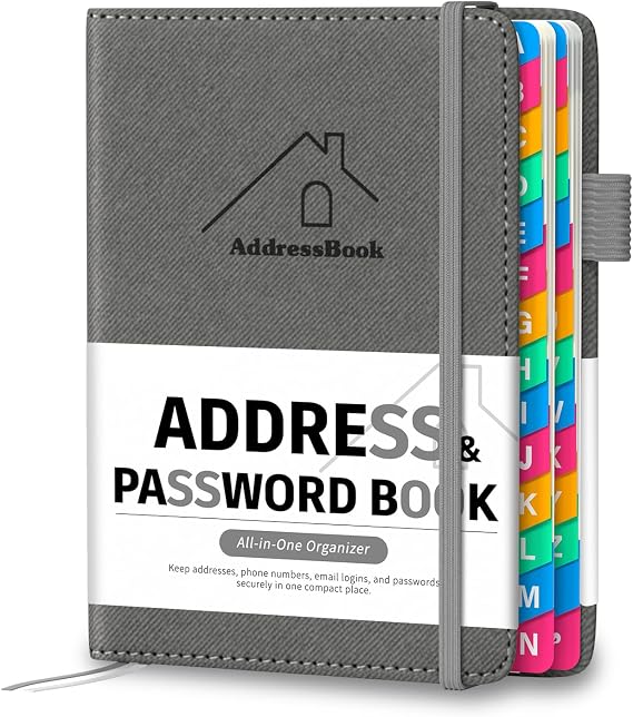 Address Book with Colorful Alphabetical Tabs, 4.7" X 6.2" Hardcover Address and Phone Number Book for Record Contacts, Telephone Address and Password Book Combo for Seniors (Grey)