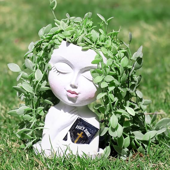 Face Planters Pots Head for Indoor Outdoor Plant Unique Head Planter Holding Book Confessional Girl Face Flower Pot with Drainage for Succulent Cactus String Of Pearls Plant Gift Idea(White)