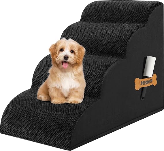 ROMROL Dog Stairs for Small Dogs,4-Step Non-Slip Pet Ramp for Bed & Sofa – High-Density Foam, Removable Washable Cover – Soft Dog Steps for Puppies, Senior Dogs & Cats, 58x38x38cm, Black