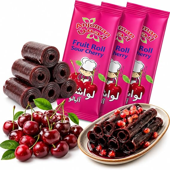 Anjoman Sour Cherry Dried Fruits Leather Bar, 100g x 3 Sheets Fruit Snacks Bar, Lavashak No Added Sugar Vegan Snacks, Fruit Roll Ups, 40x14CM
