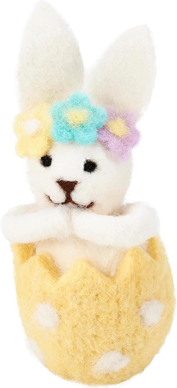 Primitives by Kathy Hatched Egg Bunny Collectible Felt Critter, 4.25-inch, Handmade Bunny Figurine with Fabric Pastel Colored Floral Headband - Spring & Easter Tiered Tray, Shelf, or Tablescape Decor