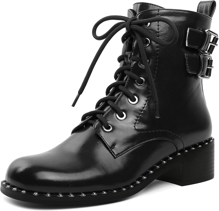Womens Fall Leather Combat Boots Black Moto Punk Gothic Ankle Boots