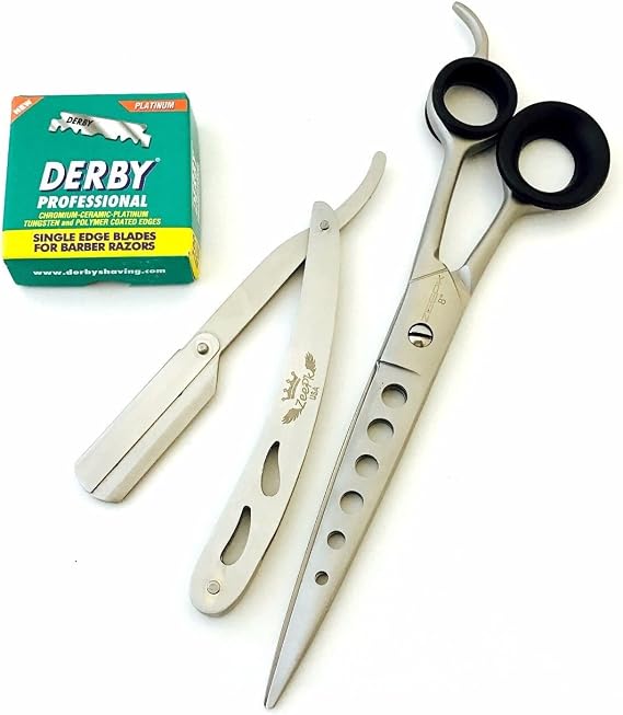 Professional Barber/Salon Razor Edge Hair Cutting Scissors/Shears 2 pcs Combo Set 8" Size with Barber Razor Straight Shaving Silver