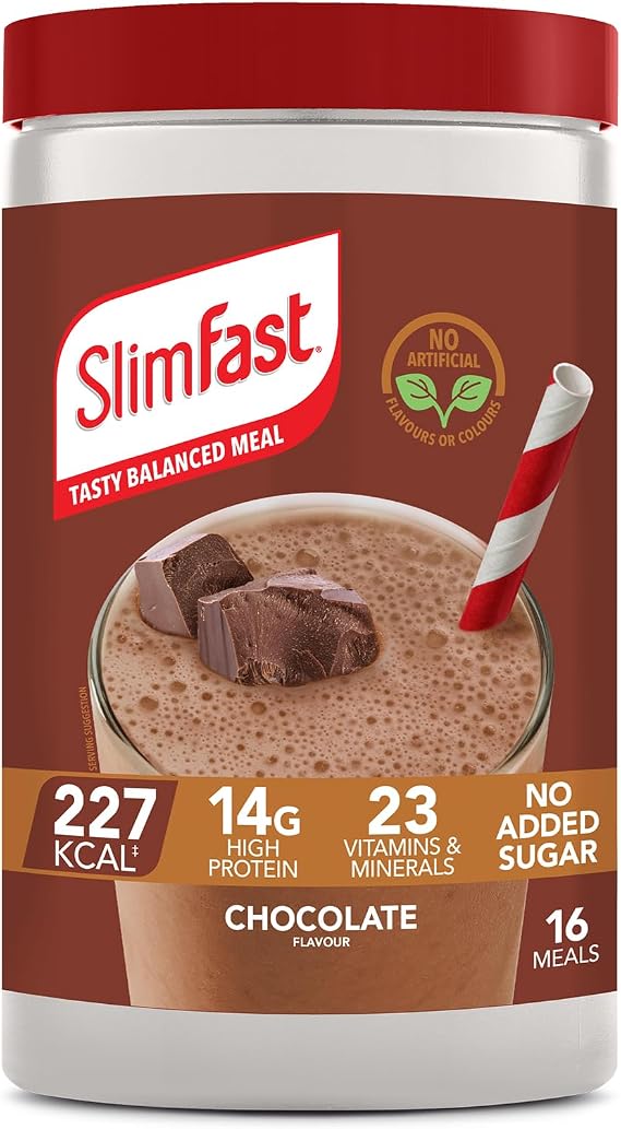 SlimFast • Meal Replacement Powder • Chocolate Flavour • Weight Loss Formula • 225 Cals • 14g Protein • 23 Vitamins + Minerals • No Added Sugar • Gut Friendly • 4g of Fibre • 600g (16 meals)
