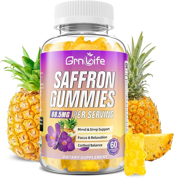 Saffron Gummies for Kids & Adults, 10-in-1 Saffron Supplements with 88.5mg Saffron Extract Support Calm Mind & Focus & Zzz, Sugar Free, Pineapple Flavor, 60 Count