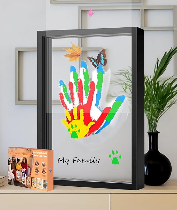 VidwanHome Family Handprint Kit for 4 Wooden Frame with 4 Clear Acrylic Boards, DIY Handprint Keepsake for Baby, Pet, Mom, Grandparents, Hand Mold Art Set with Non-Toxic Washable Paint (Black)