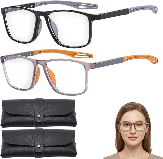 4-Piece Set Visionsync Multifocal Glasses, Black and Grey Frames with Two Leather Cases, Vision Sync Multifocal Glasses, Varifocal Glasses Design for Daily Reading and Computer Work