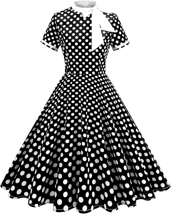 50s Style Dresses for Women Vintage Polka Dot Short Sleeve Tie Neck Swing Dress Midi Prom Retro 1950s Dress