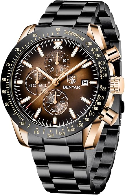 BENYAR Watches for Men, Analog Quartz Movement Chronograph Wrist Watch, Leather/Stainless Steel/Silicone Strap, Business Sports Casual Dress Watch, Waterproof Scratch Resistant, Elegant Gifts for Men