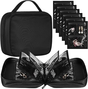 Travel Jewelry Organizer Case,Jewelry Storage Book Binder with Clear Zipper Velvet Pouch, Jewelry Bags for Earrings Rings Necklace Bracelets (Black)