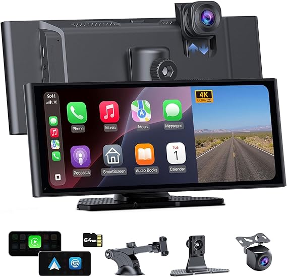 1026 4K CarPlay Display Android Auto 4K Dashcam + 1080P Rückfahrkamera