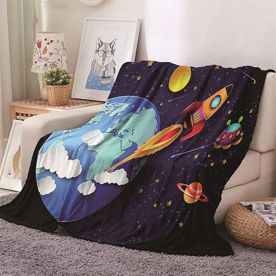 Chickwin Flannel Throw Blanket, 3D Cartoons Print Blanket Microfiber Soft Throw Blanket Lightweight Fluffy Warm Comfortable Blanket for Indoor Bed Sofa Chair (150x180cm,Space Rocket)