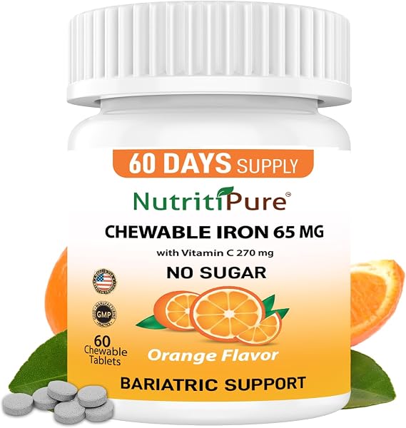 Chewable Iron 65 mg with Vitamin C, Sugar-Free NutritiPure, 60ct
