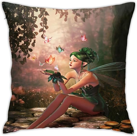 VARUN Throw Pillow Covers Magic Green Fairy Girl with Wings Butterflies Design Square Pillowcase for Home Decor Sofa Car Bedroom Pillow case 18x18inch