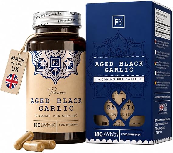 FS Aged Black Garlic Extract, 180 Capsules, 10,000mg High Strength | Aged Black Garlic Supplement | 10000mg Per Serving | Odourless Formula | Non-GMO, Gluten Free | UK Made