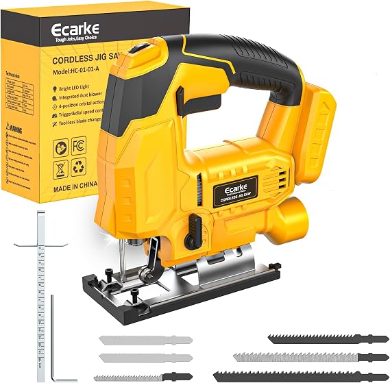 Ecarke Cordless Jig Saw Compatible With Dewalt 20V Battery, 4 Orbital Sets, 6 Variable Speeds Control, Dust-Blowing, 45 Bevel Cuts, LED Light and 6PCS Blades for Straight Curve Cutting, Tool Only