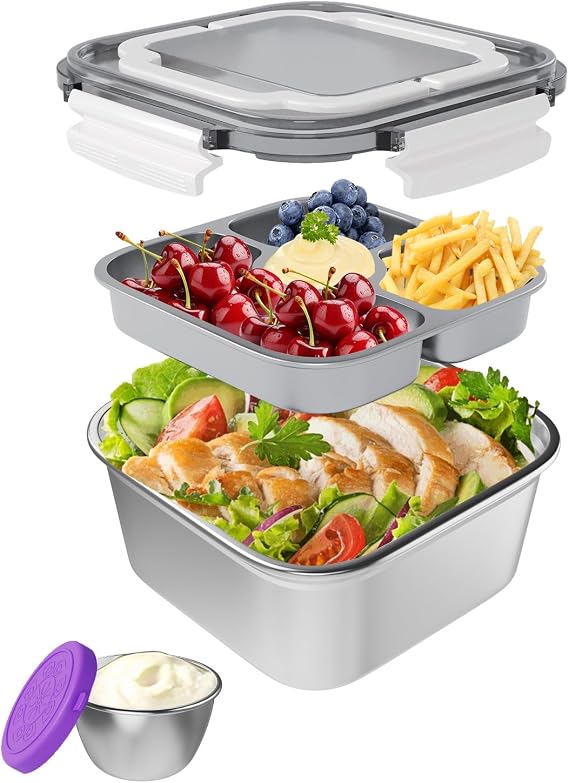 Salad Container for Lunch Large-60-oz,3 Compartment Bento-Style Tray and 1.5-oz Salad Dressings Container,Stainless Steel Food Containers with Lids, Lunch Box, Bento Box(White)