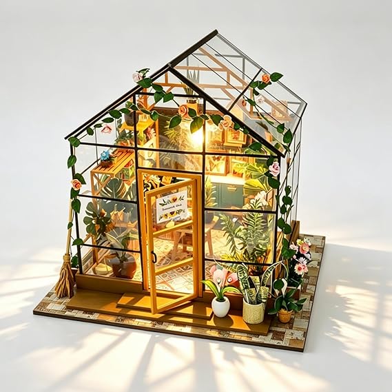 Cuteefun DIY Miniature House Kits, Dollhouse Greenhouse with LED Light | Creative Handmade Crafts for Adults Teens, Unique Home Decoration, Ideal Gift for Birthday Christmas (Sunshine Flower House)