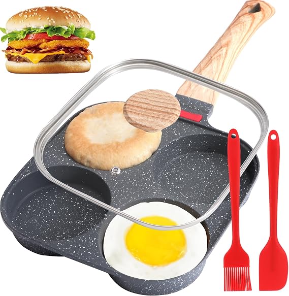 Egg Pan, Premium Egg Pans Nonstick, Omelette Pan with Lid , Healthy Egg Frying Pan for Breakfast, Egg Sandwich, Hamburger, Pancake, Egg Skillet Suitable for Gas Stove & Induction Cookware (Black)