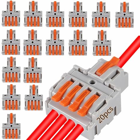 20pcs Lever Wire Connectors, 1 in 4 Out Connectors for Solid and Stranded Conductors, Quick Push in Conductor Terminal Block 28-12 AWG